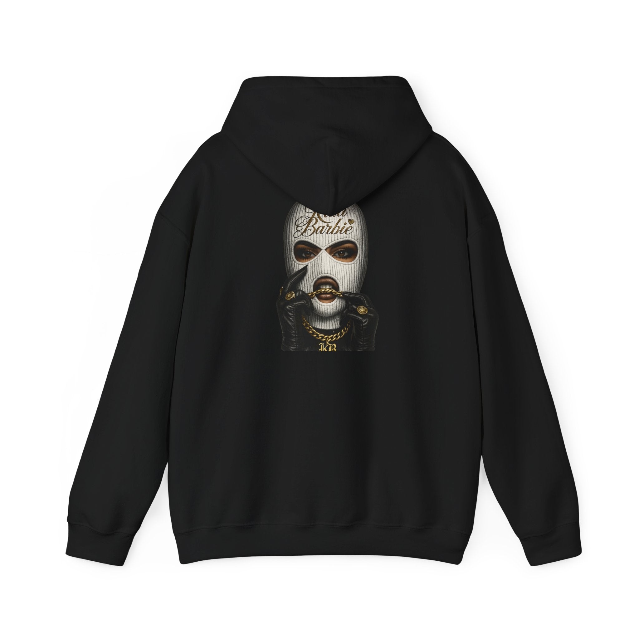 Barbie Ski Mask Graphic Hoodie – Edgy Streetwear Pullover with Gold Script