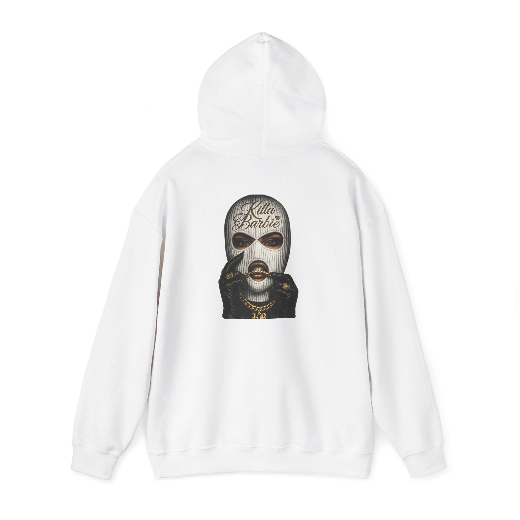 Barbie Ski Mask Graphic Hoodie – Edgy Streetwear Pullover with Gold Script