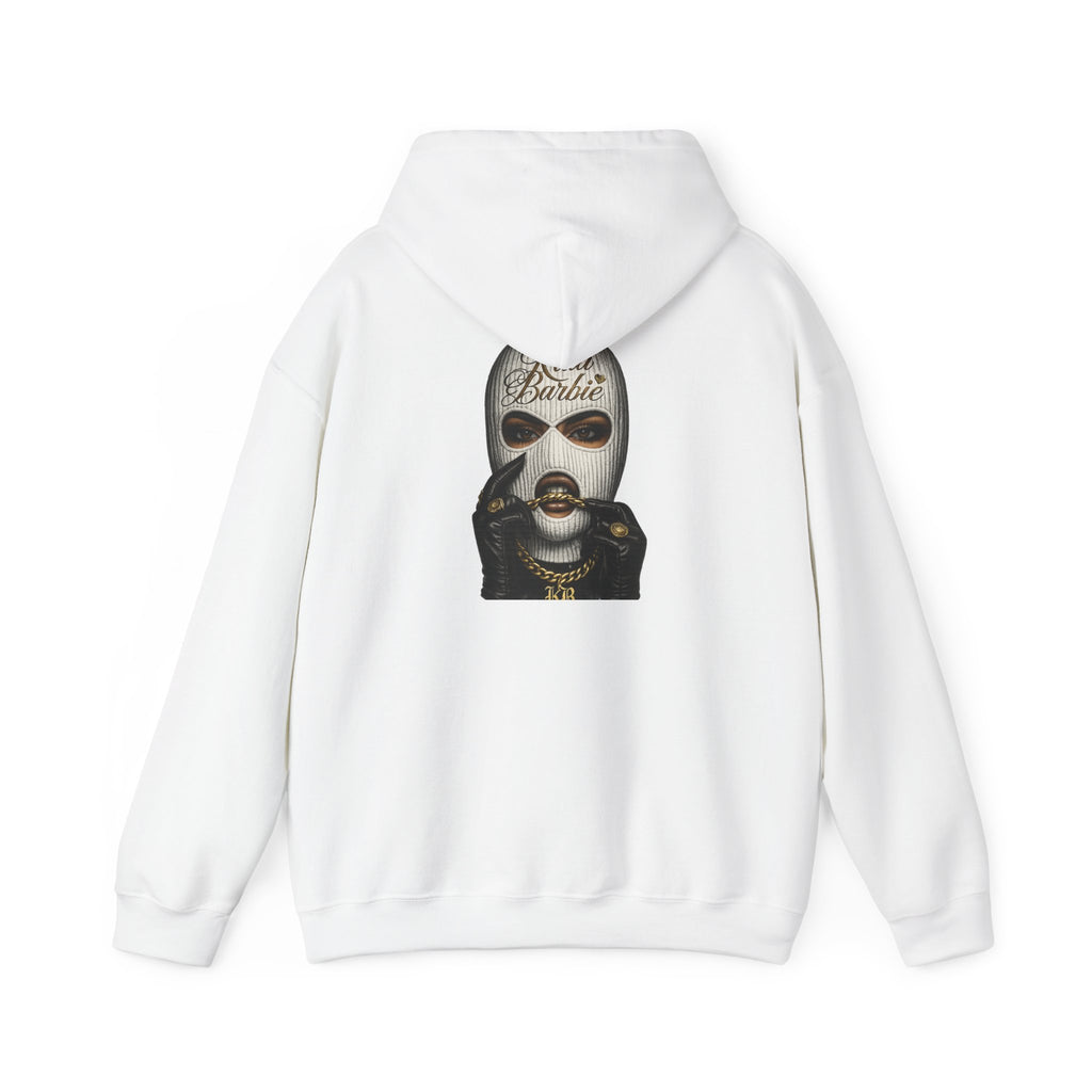 Barbie Ski Mask Graphic Hoodie – Edgy Streetwear Pullover with Gold Script