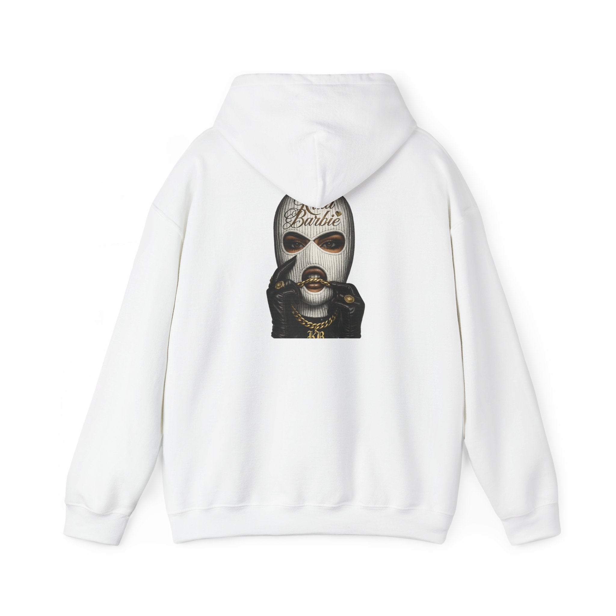 Barbie Ski Mask Graphic Hoodie – Edgy Streetwear Pullover with Gold Script